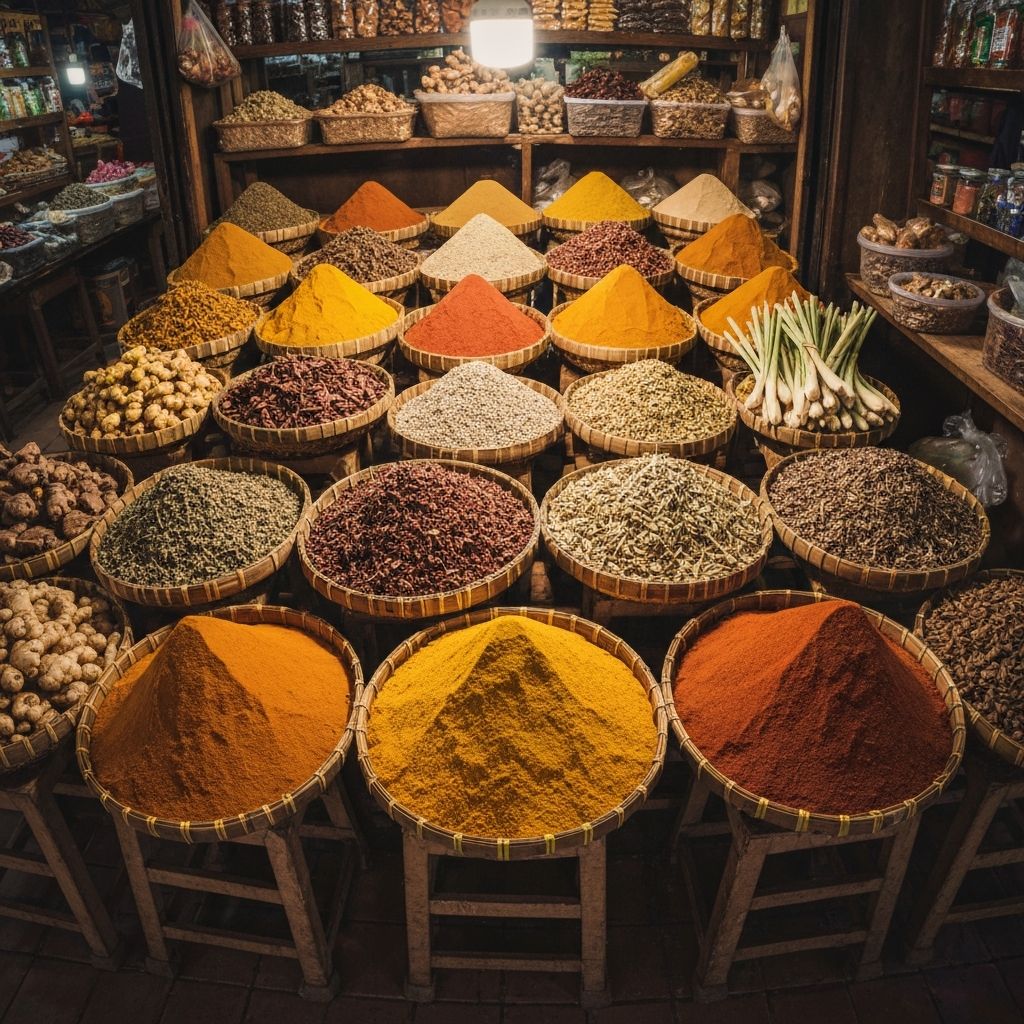 Traditional Indonesian spices and herbs displayed in market baskets